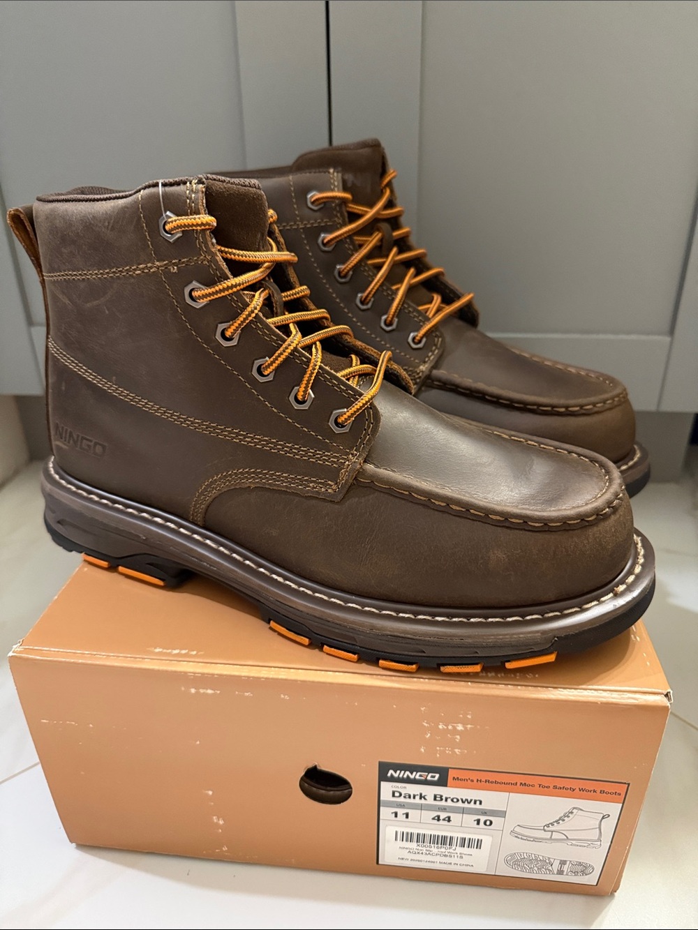 NINGO Brown Soft Toe Oil & Water Resistant Non Slip Moc Toe Work Boots Sz 11 NEW